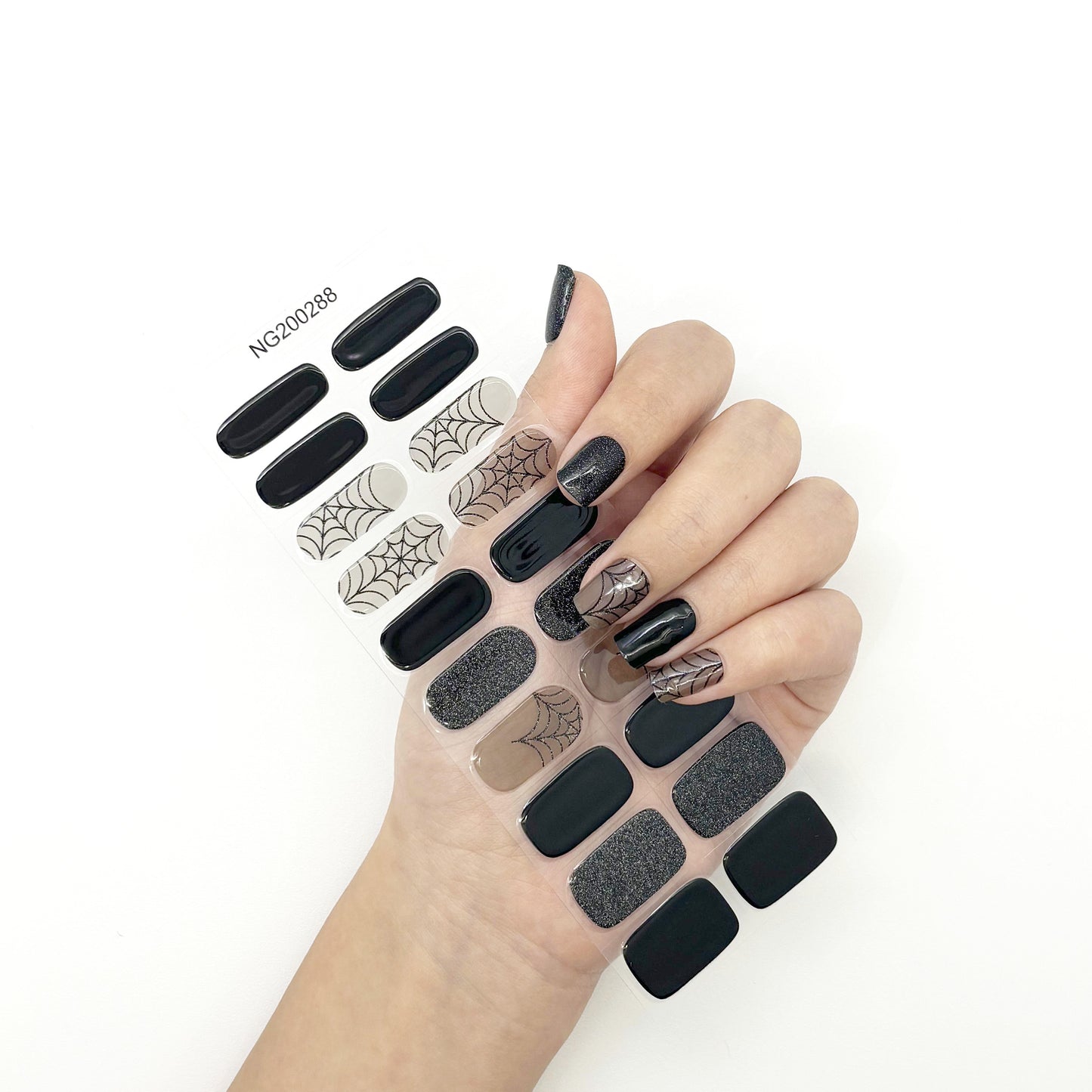 Black Spider Web Fine Glitter Semi-Cured Gel Nail Sticker Kit